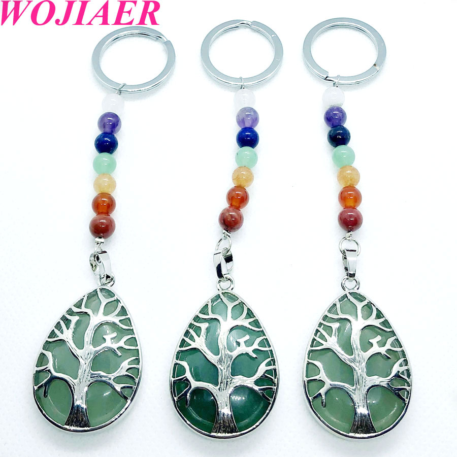 WOJIAER 7 Chakra Water Drop Natural Stone Pendant Key Rings Keychain Tree of Life Keyring Holder Men Women Birthday Gift BW910