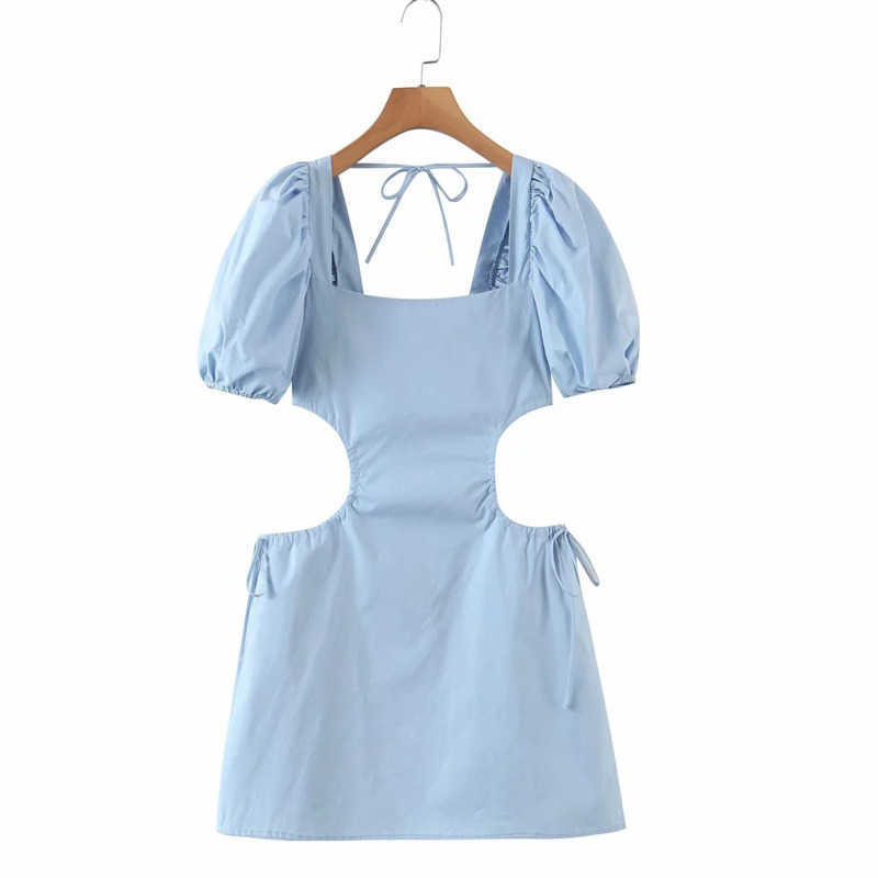 DEAT Women Hollow Out Dress Square Collar Short Sleeve Arrivals Lady Sexy Fashion Temperament Spring Summer 11D1697 210709