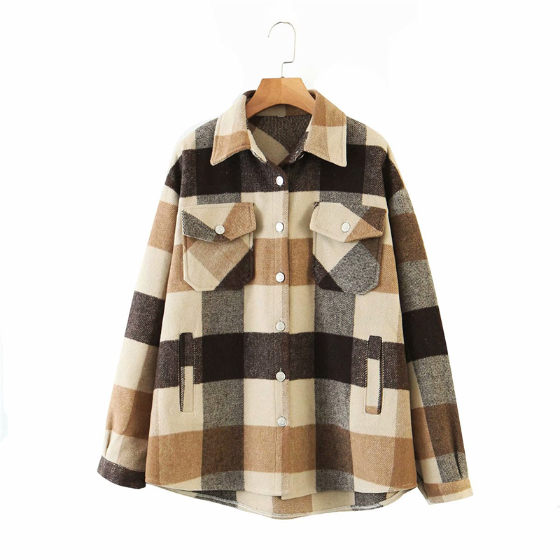ZXQJ streetwear women woolen thick shirts autumn fashion ladies plaid shirt female chic oversize top casual girls blouses 210225
