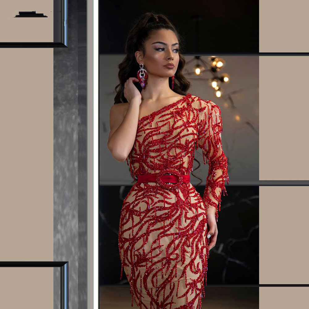 Glamorous One Shoulder Mermaid Prom Dresses Sequins Sash Detachable Train Evening Dress Custom Made Tassel Floor Length Celebrity Party Gown