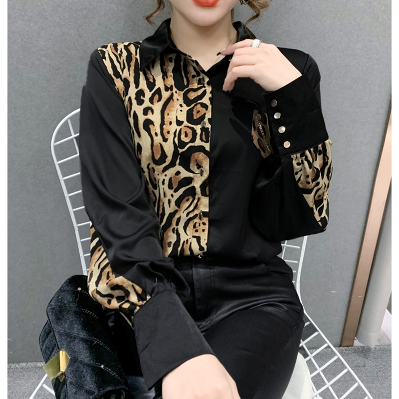 2021 Chic Style Long Sleeve Patched Color Shirts Women Vinatge Print Satin Shirts Lady Office Chiffon Blouses Satin Tops 210225