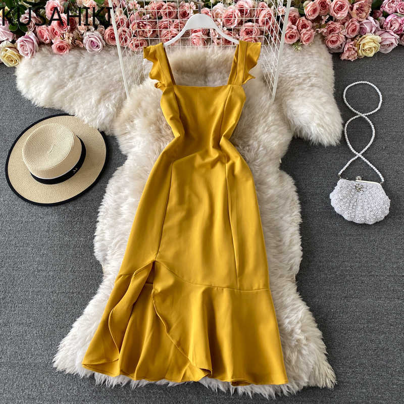 Spring Elegant Ruffle Sling Dress Korean Slim Waist Mermaid Dresses Sleeveless Fashion Split Vestidos Mujer 6F554 210603, Burgundy
Spring Elegant Ruffle Sling Dress Korean Slim Waist Mermaid Dresses Sleeveless Fashion Split Vestidos Mujer 6F554 210603, Burgundy
