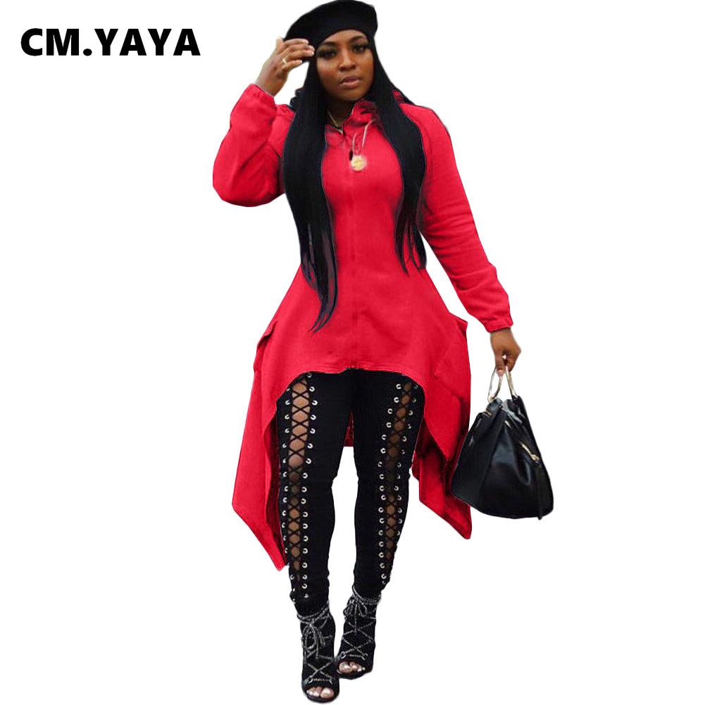 CM.YAYA Women Active Wear Hooded Zipper Long Sleeve Irregular Hem Sweatshirts Autumn Pullovers Hoodies 201217