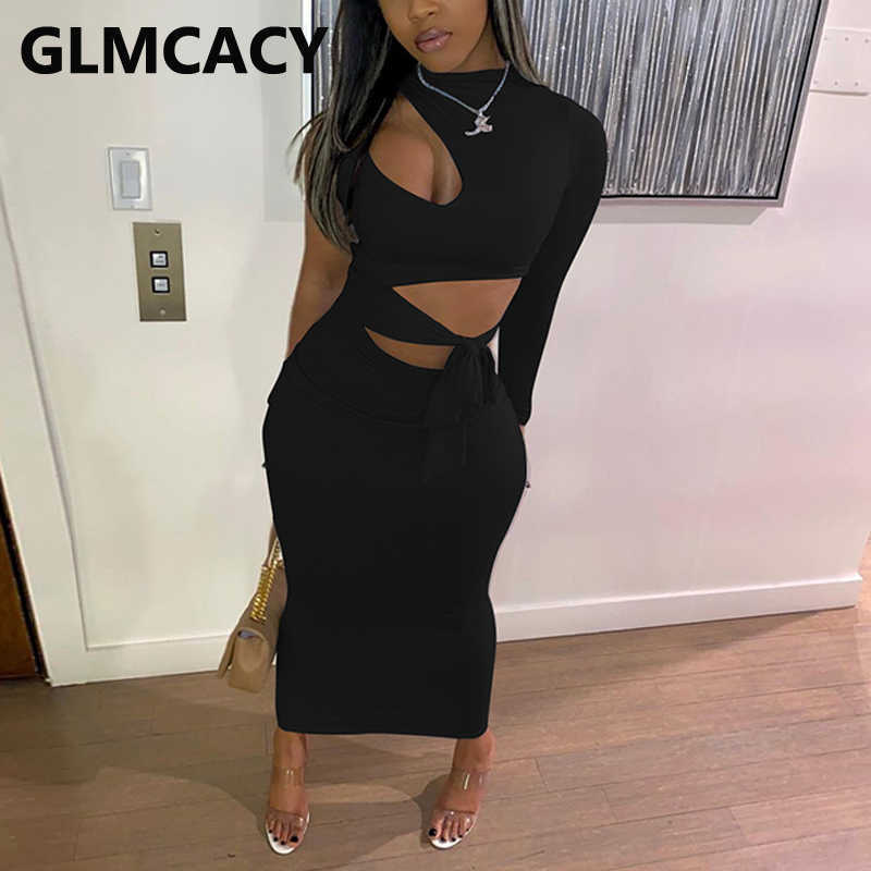Long Sleeve Cut Out Bandage Dress Elegant Slim Bodycon Maxi Dress 210702