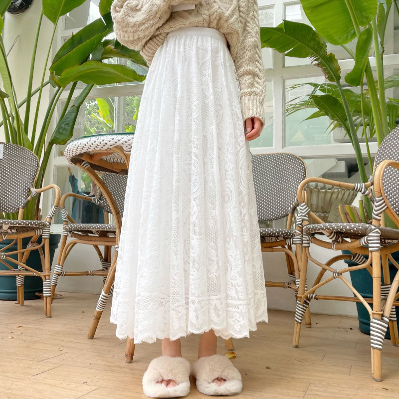 WERUERUYU Spring And Summer Womens Waist Gauze Lace Skirt Thin A Aline Long 210306