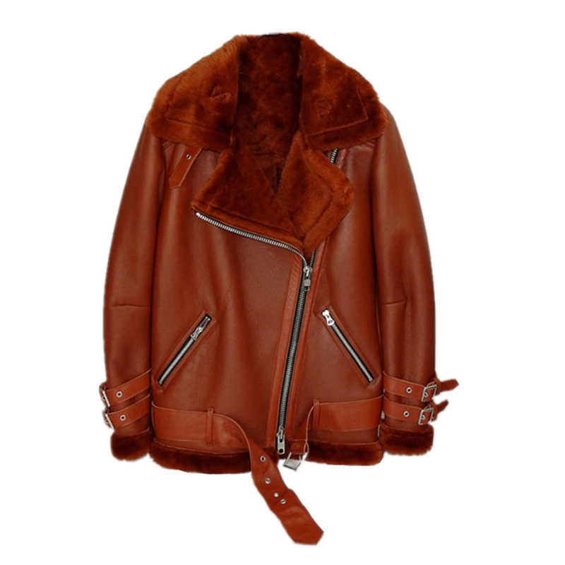 Women's Genuine Leather Natural Sheep Shearling Fur Coat Winter 100% Sheepskin Coat Female Bomber warm fur leather Jackets F664 211011