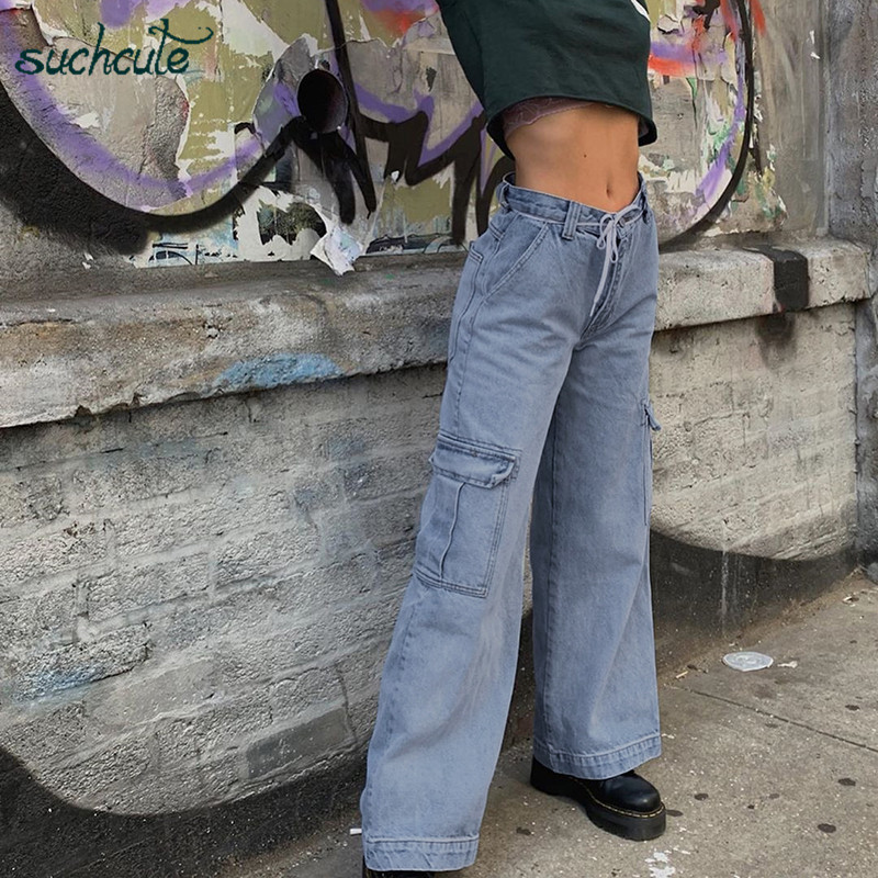 SUCHCUTE Pockage Women Jeans Cage Denim Pants Wide Leg Punk Korean Style Harajuku Trousers Female Joggers Harajuku 210222