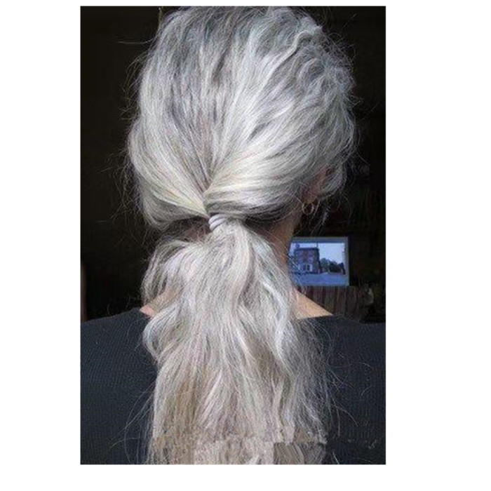 10A Gray Grey silver ashy salt and pepper human hair ponytail with loose french braid hairpiece undo bun extension drawstring wraps 120g