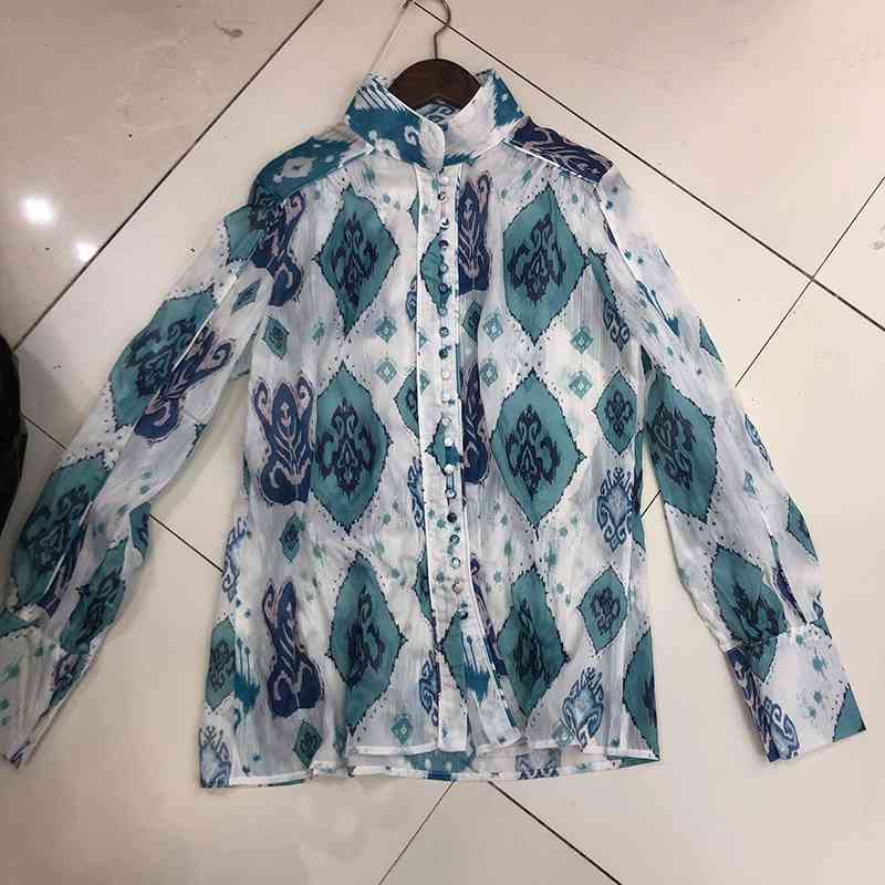 Summer National Trends Retro National Style Elegant Two Piece Suit, Female Peacock Blue Skirt + Thin Long-Sleeved Shirt 210708