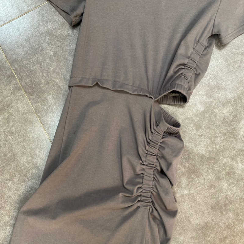 DEAT Women Holloe Out Pleated Midi-long Dress Round Neck Short Sleeve Arrivals Lady Sexy Fashion Spring Summer 11D694 210709