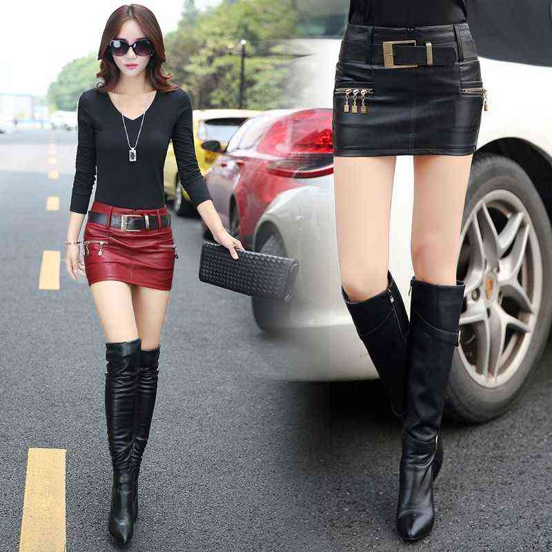 NYFS Style Spring Autumn Winter Women black color Slim PU Leather skirt Hip faldas S-XL Size(No belt) 211119