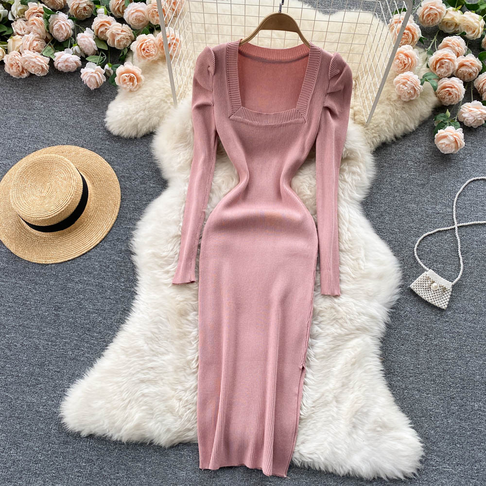 2021 New design womens square collar puff long sleeve knitted bodycon tunic side vent jag sweater dress solid color