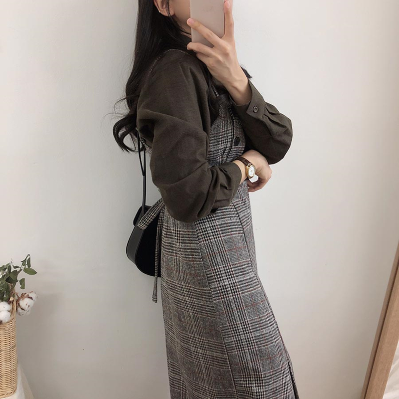 2021 New Spring Autumn Women Dress High Waist Plaid Vest Woolen Sleeveless Vintage Buttons Lace Up Bow Slit Casual Dress DR220 210303