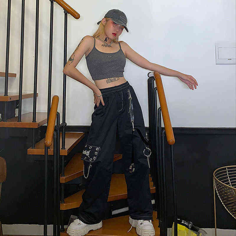HOUZHOU Harajuku Punk Black Cargo Pants Women Gothic Chain White Wide Leg Trousers Female Hippie Street Style Emo Mall Goth 211115