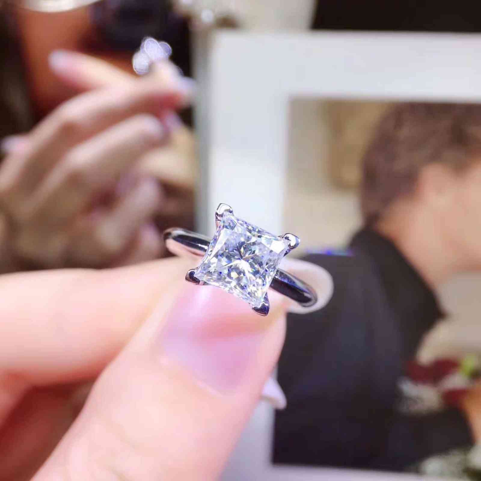 Gold Platinum Ring d Color Mossan Stone Princess Square Women's Diamond Sterling Silver Wedding Simple