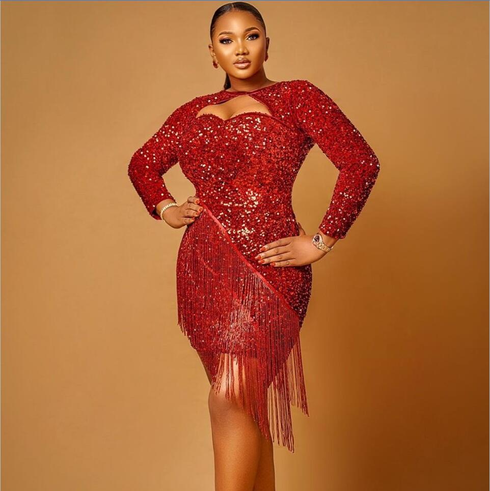 Full Beading Sequined Short Prom Dresses Lace Women Plus Size Evening Gowns Party Long Sleeves Tassel Cocktail Dress