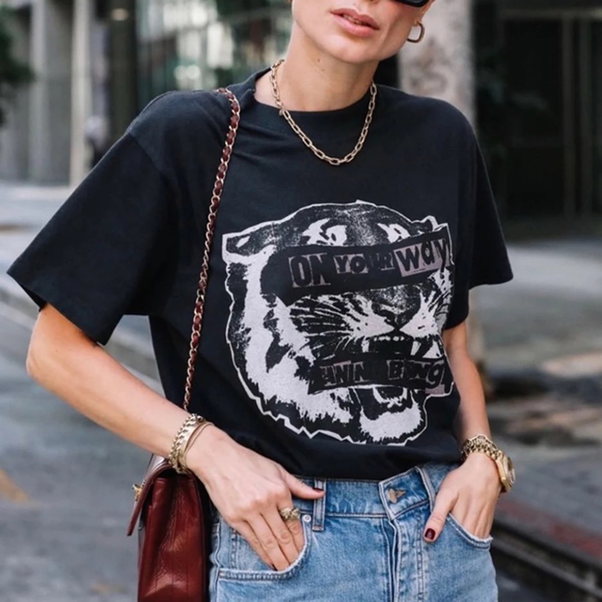 Rowling Chic Black Tiger Head Graphic Tees Women Cotton Short Sleeve O Neck TShirt New Fashion Women BOHO T-Shirt Casual T-Shirt 210306