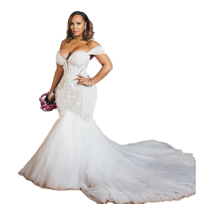 African Mermaid Wedding Dress Pearls Beaded Plus Size Off The Shoulder Bridal Gowns Lace Appliqued vestido de noiva Robe De Mariee Ivory Color Bride D