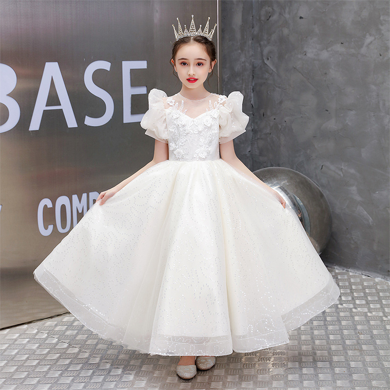 Vintage Flower Girls Dresses Sheer Neck Long Sleeve Hand Made Flowers Kids Formal Wear Hi Lo Satin Girl Dress For Wedding 403
