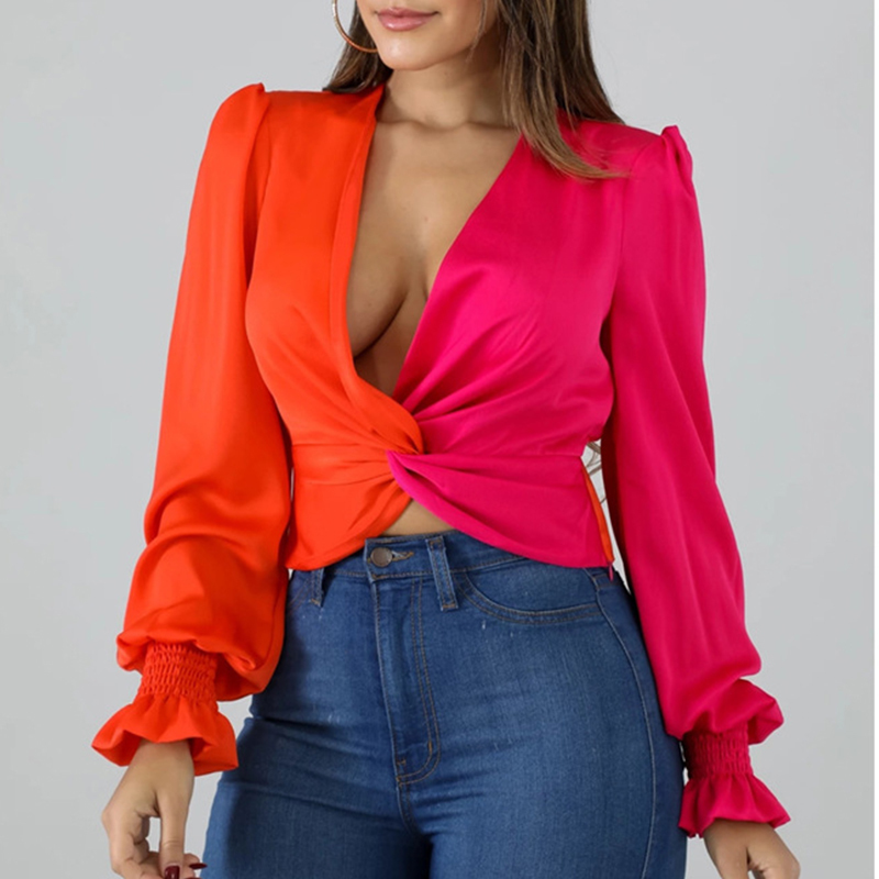 Fashion Colorblock Twist Front Deep V Neck T Shirts Women Long Sleeve Casual Crop Tops Streetwear T200616