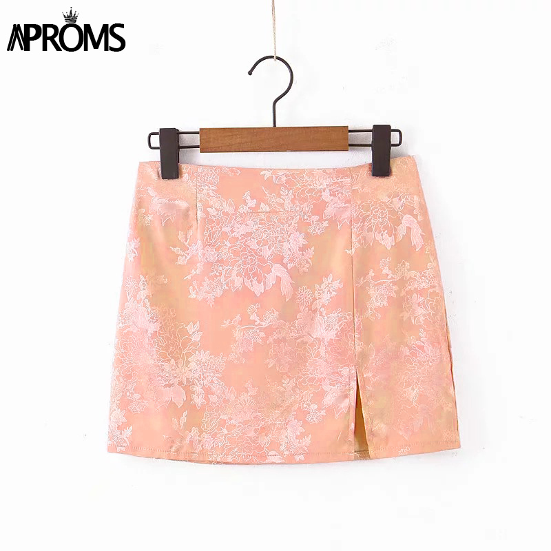 Aproms Soft Satin Side Split Black Mini Skirts Women Summer Floral High Waist A-line Short Skirt Female Back Zipper Bottoms 210306