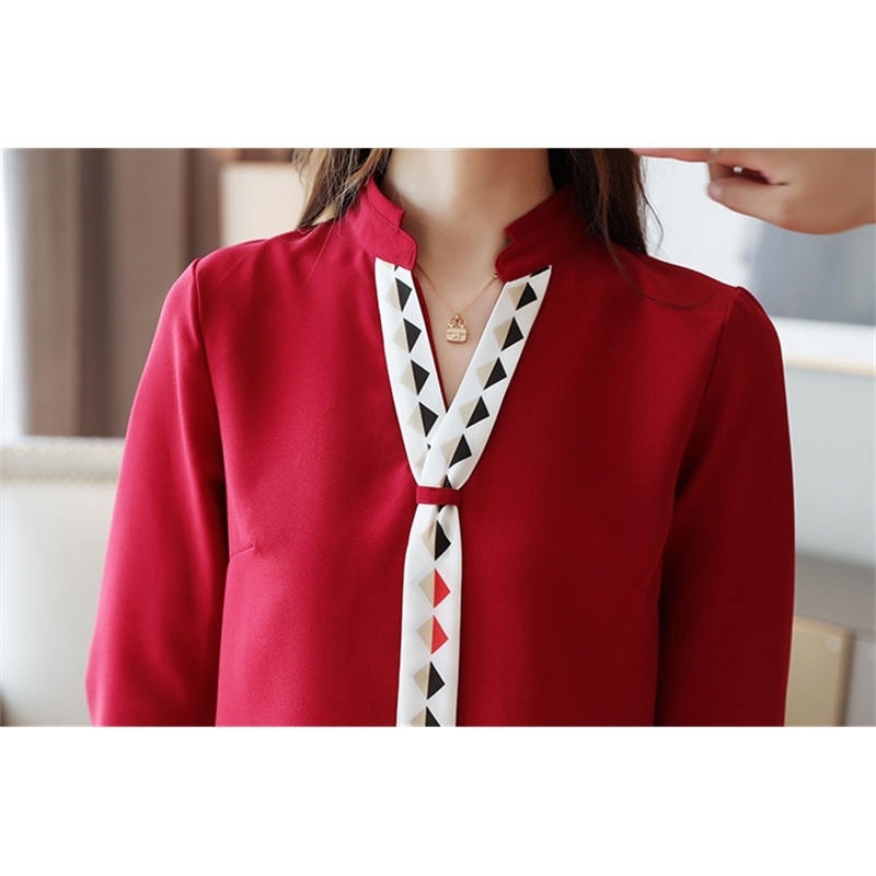 Dingaozlz blusa feminina Elegant Chiffon shirt Long sleeve Ladies blouse Red White Office lady shirt Patchwork Women Tops T200321