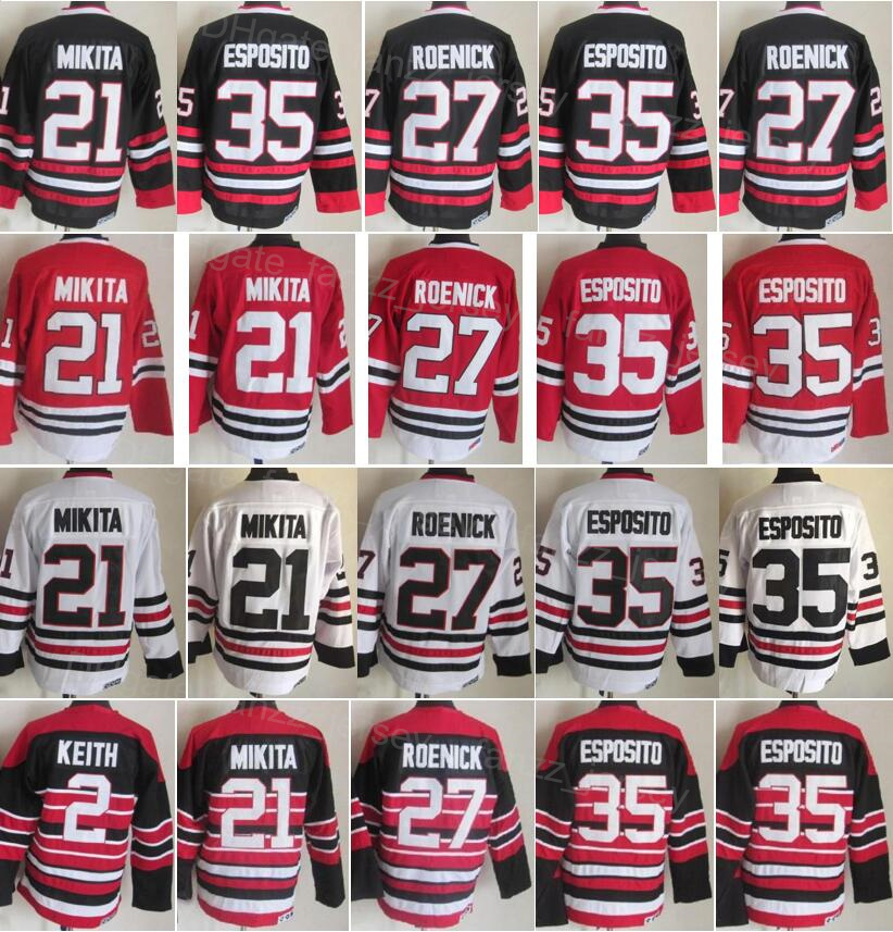 

Men Vintage Ice Hockey Retro 21 Stan Mikita Jersey 2 Duncan Keith 35 Tony Esposito 27 Jeremy Roenick Home Black Red White Away All Stitched Sport Breathable HeiYing, 2 black