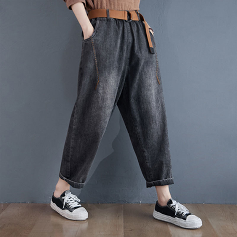 Autumn Korea Fashion Women Cotton Denim Harem Pants all-matched Casual Elastic Waist vintage Blue Loose Jeans Plus Size M634 210302