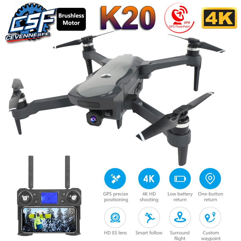 2019 NEW K20 Drone With 4K Camera Dual GPS One-Key Return Headless Mode Follow Me Circle Fly RC Drones toys, Gray
2019 NEW K20 Drone With 4K Camera Dual GPS One-Key Return Headless Mode Follow Me Circle Fly RC Drones toys, Gray
