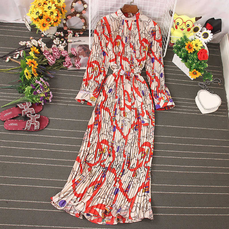 Autumn Dress Temperament Turtleneck Waist Slim Long Sleeves Lace Up Wild Floral Maxi Vestidos UK016 210630