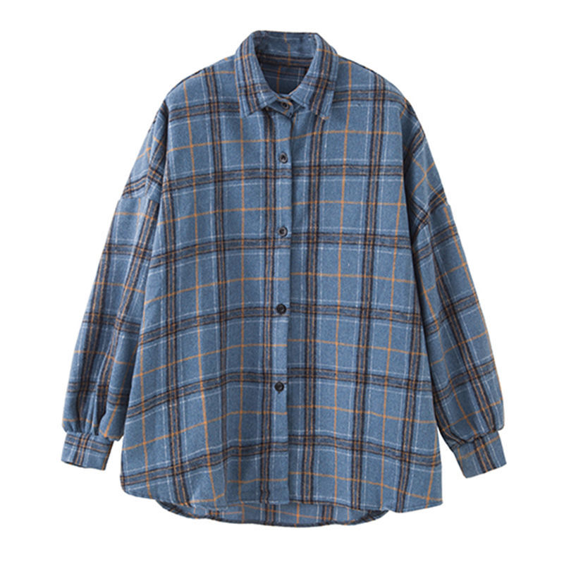Women Autumn Winter Long Sleeve Blouse Fleece Shirts Loose Female Plaid Blouse Casual Street Lady Korean Oversized Top 210225