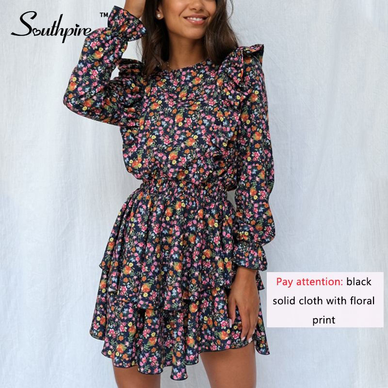 Southpire O-Neck A-Line Black Flower Print Vintage Dress Women Long Sleeve Ruffle Mini Party Dress Casual Daily Clothes Fashion 210303