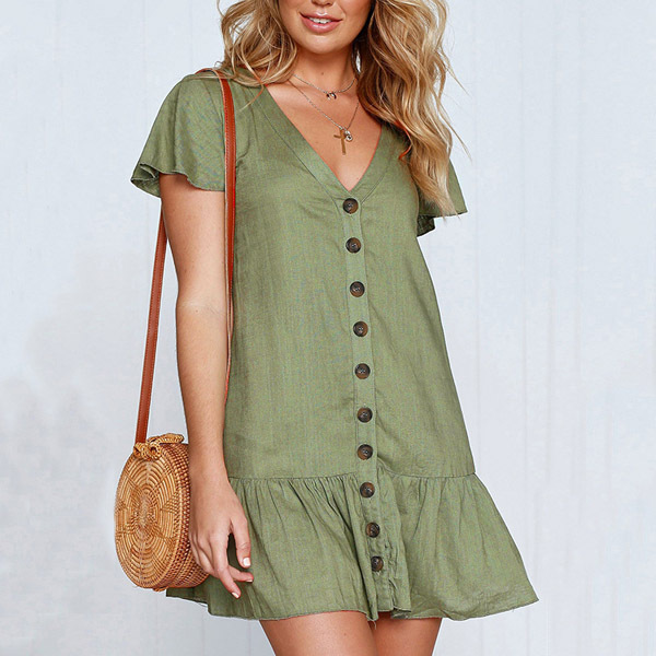 Pleated Ruffle Female Sundress Women Summer Dress Sexy V Neck Linen Buttons Short Mini Vestidos A Line Loose Casual Dresses 210309