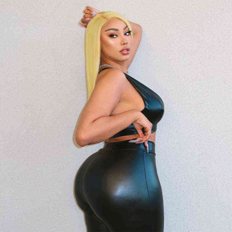 Faux Leather Two Piece Suits Women Clubwear Sleeveless Low Cut Crop Tank Top High Waist PU Leggings Sets Lady Black 211105