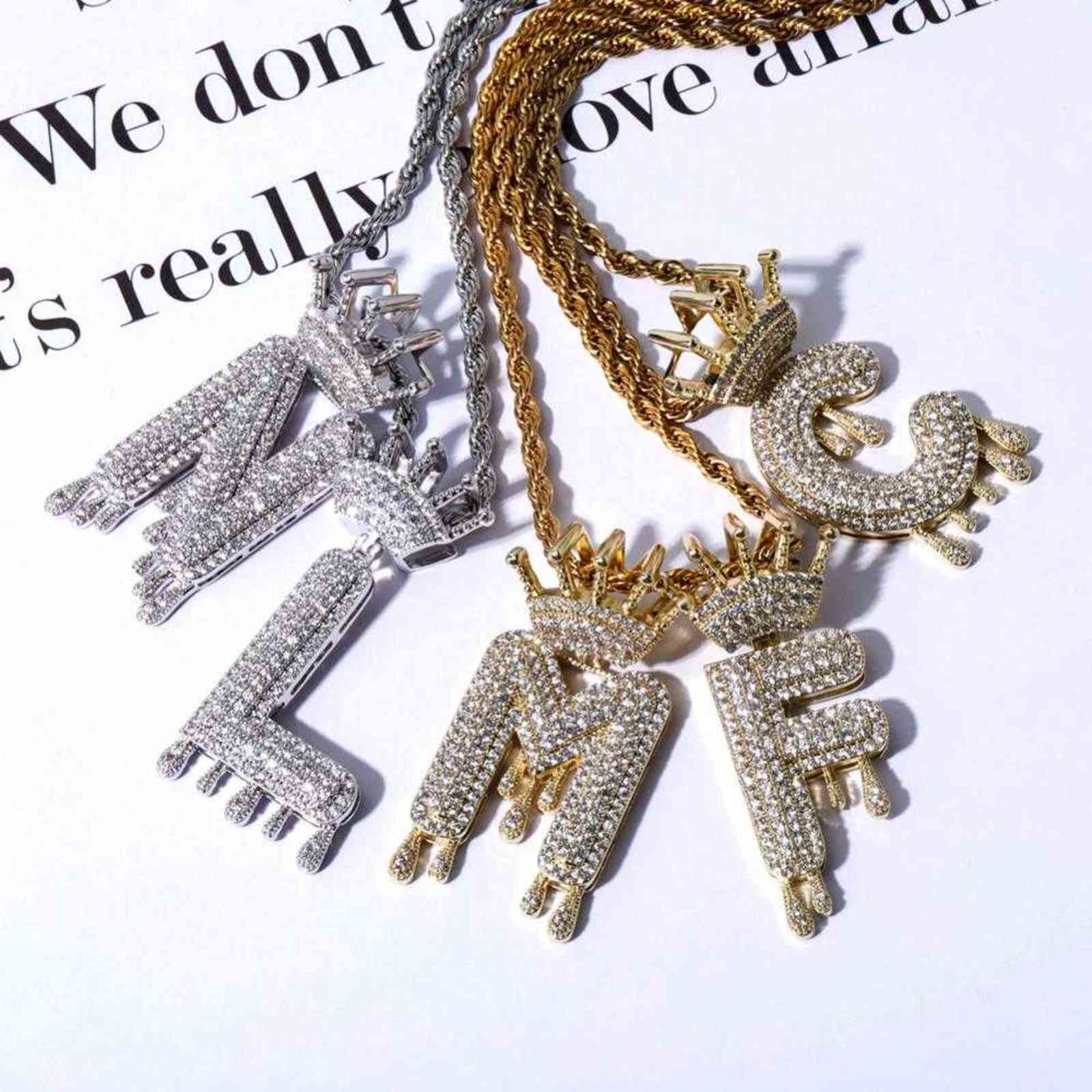 A-Z Initial Bubble Letter Name Crown Drip Letters Pendant Necklaces Men Women Gold Silver Color CZ Hip Hop Jewelry Gifts H1125