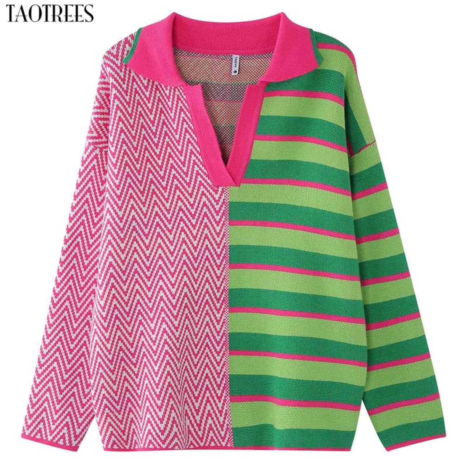Taotrees Women's Knitwear Knitted Long Sleeve Colorblock Pullover Striped and Wave Pattern Lapel Sweater Jumper 211109