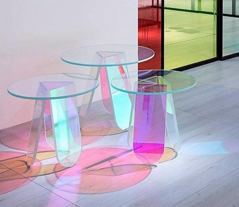 Garden Sets Acrylic Rainbow Color Coffee Table, Iridescent Glass End Round Side Table Modern Accent TV for Living Bed Room Decoration