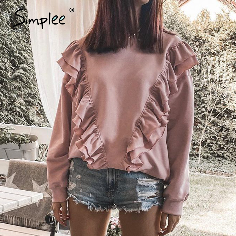 Simplee Drop-shoulder sleeve ruffled sweatshirt women Casual loose pink pullover autumn Short crewneck pullover for female 201113