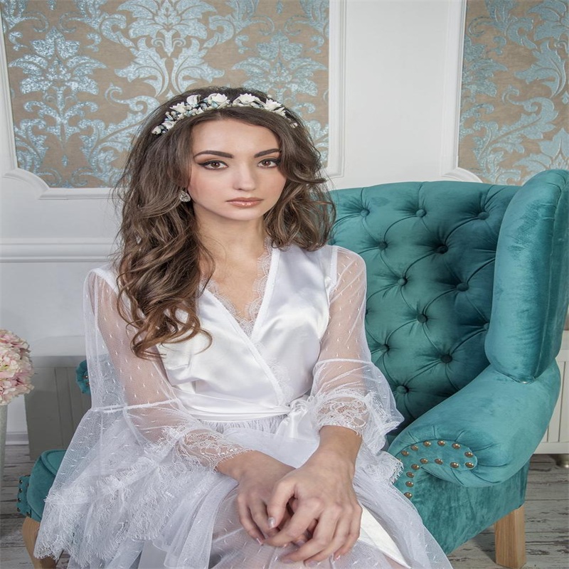 White Bride Sleepwear Robes With Belt Hot Sale Sexy V Neck Long Sleeve Custom Made Soft Silk Satin Lace Women Sleepwear Pajamas Dresses