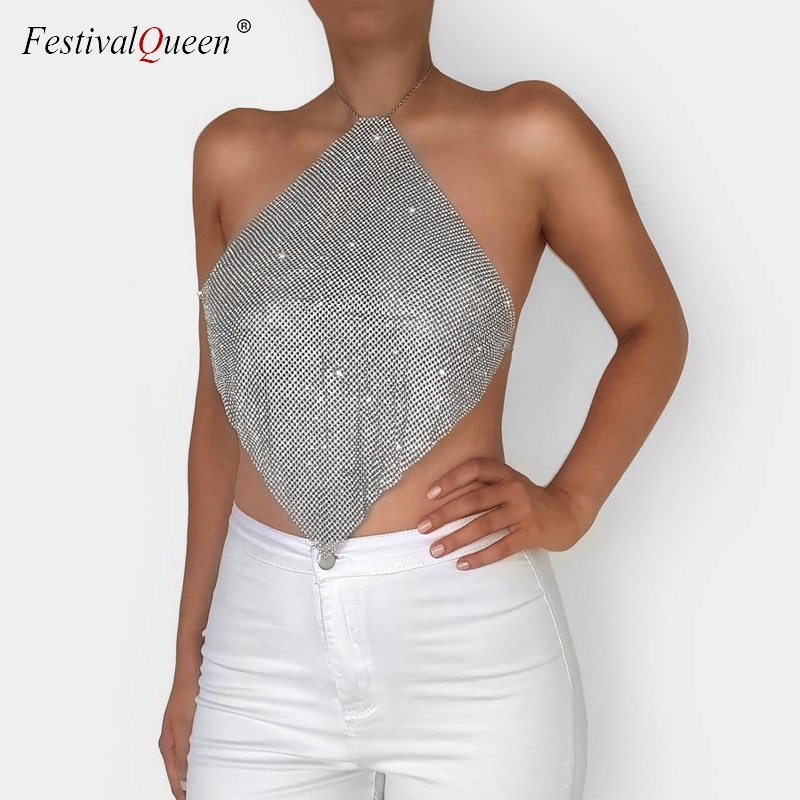 FestivalQueen Sexy Halter Rhinestone Diamonds Crop Tops Women Low Cut Adjustable Metal Chain Backless Camisole Cropped Top 210308
