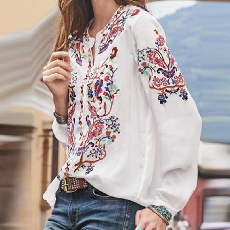 Women Bohemian Clothing Blouse Shirt Vintage Printed Tops Ladies Blouses Blusa Feminina Long Sleeve Shirts For Women Clothes 210225