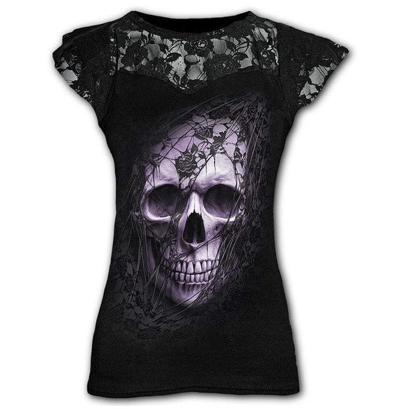 Shirt Women Summer Fashion Gothic Style Short Sleeve Round Neck Skull Lace Tops Plus Size Multi-colored Female Shirts Pullovers 210306