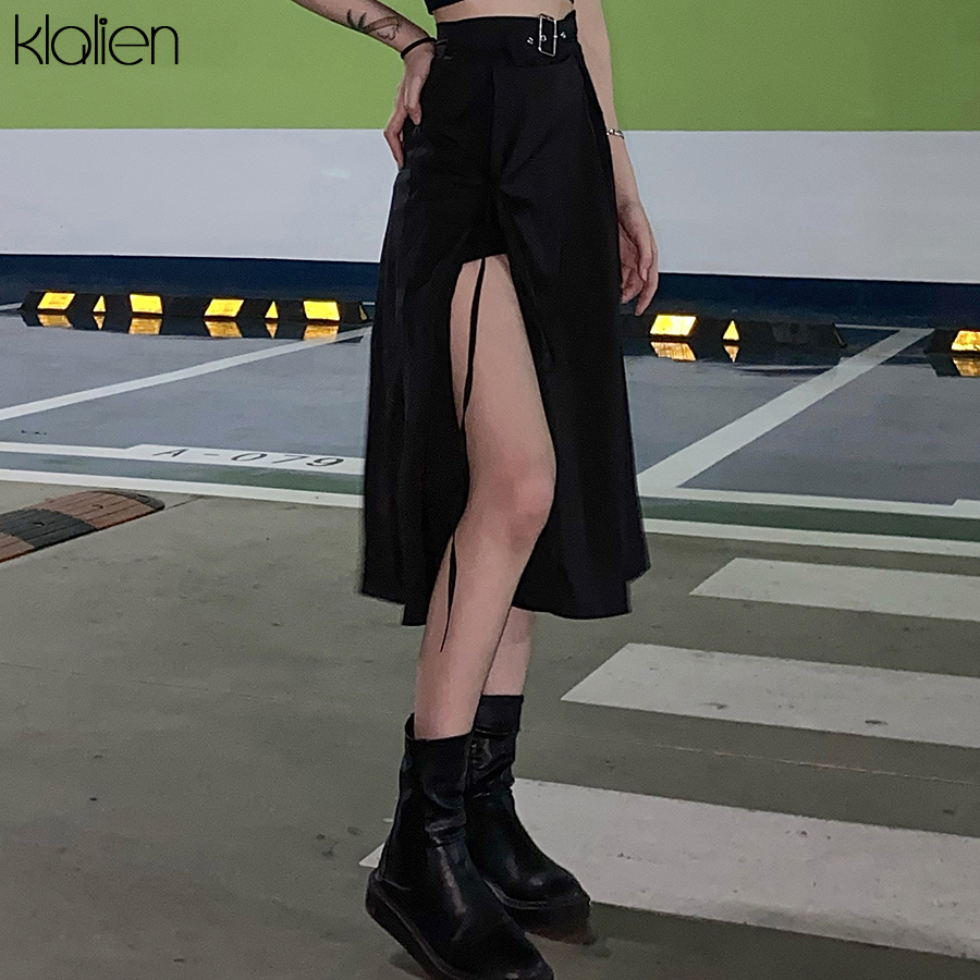KLALIEN Fashion High Waist Black Midi Skirt Women summer streetwear casual split Hem Asymmetric long Skirt ladies new 210309