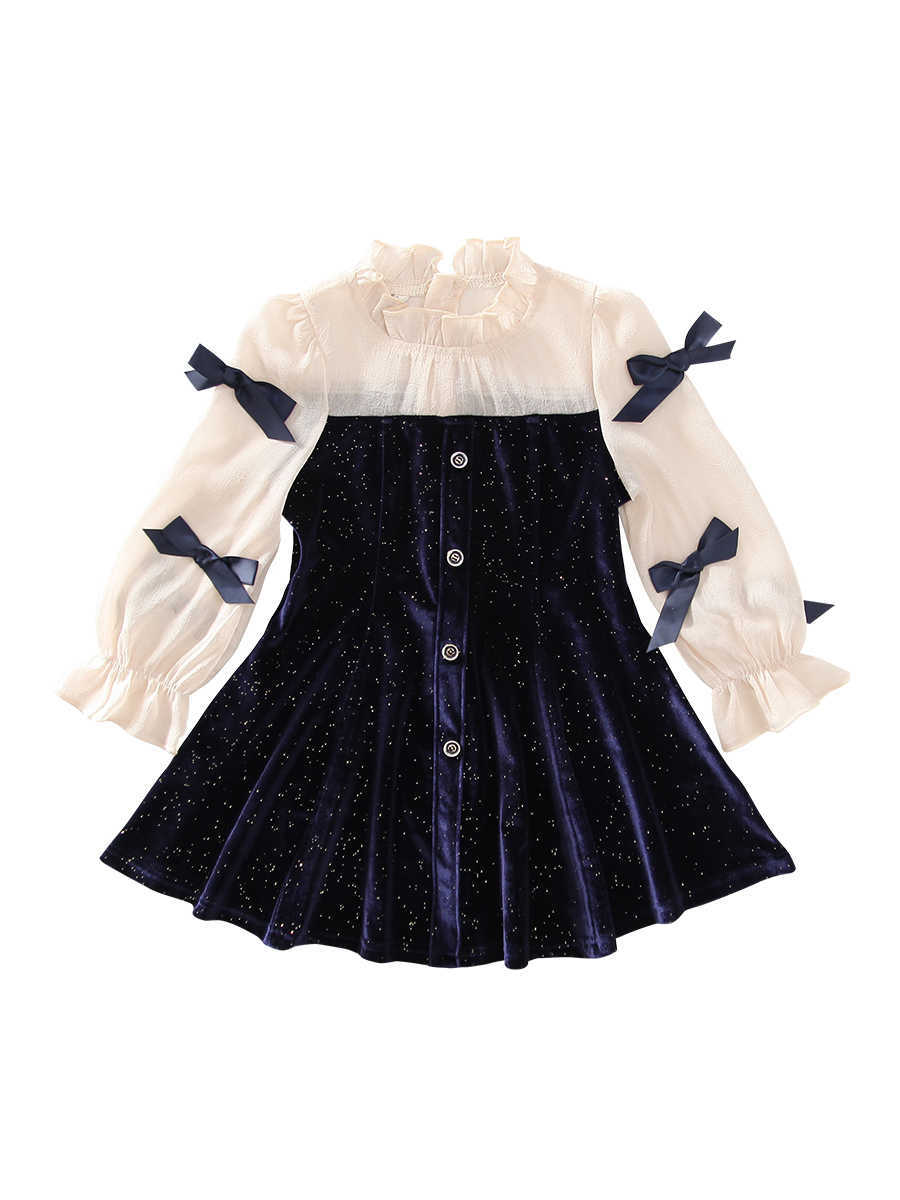 Navy Blue Party Dress For Girls Autumn Bowknot Long Sleeve Kids Clothing Classic Kids Dresses for Girls 4 5 7 9 11 13 Years Old 201204
