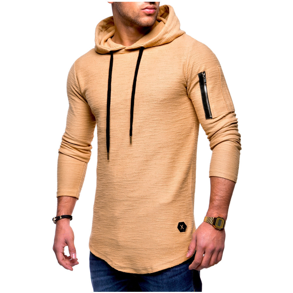 2021 Hoodies Men's Solid Color Round Neck Hooded Sleeve Arm Zipper European and American Style Long T-shirt