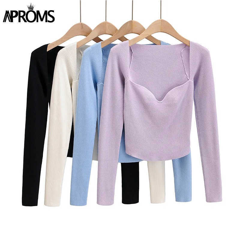 Aproms Sexy Square Neck Ribbed Knitted Sweater Women Casual Long Sleeve High Stretch Pullovers Streetwear White Soft Basic Top 211007