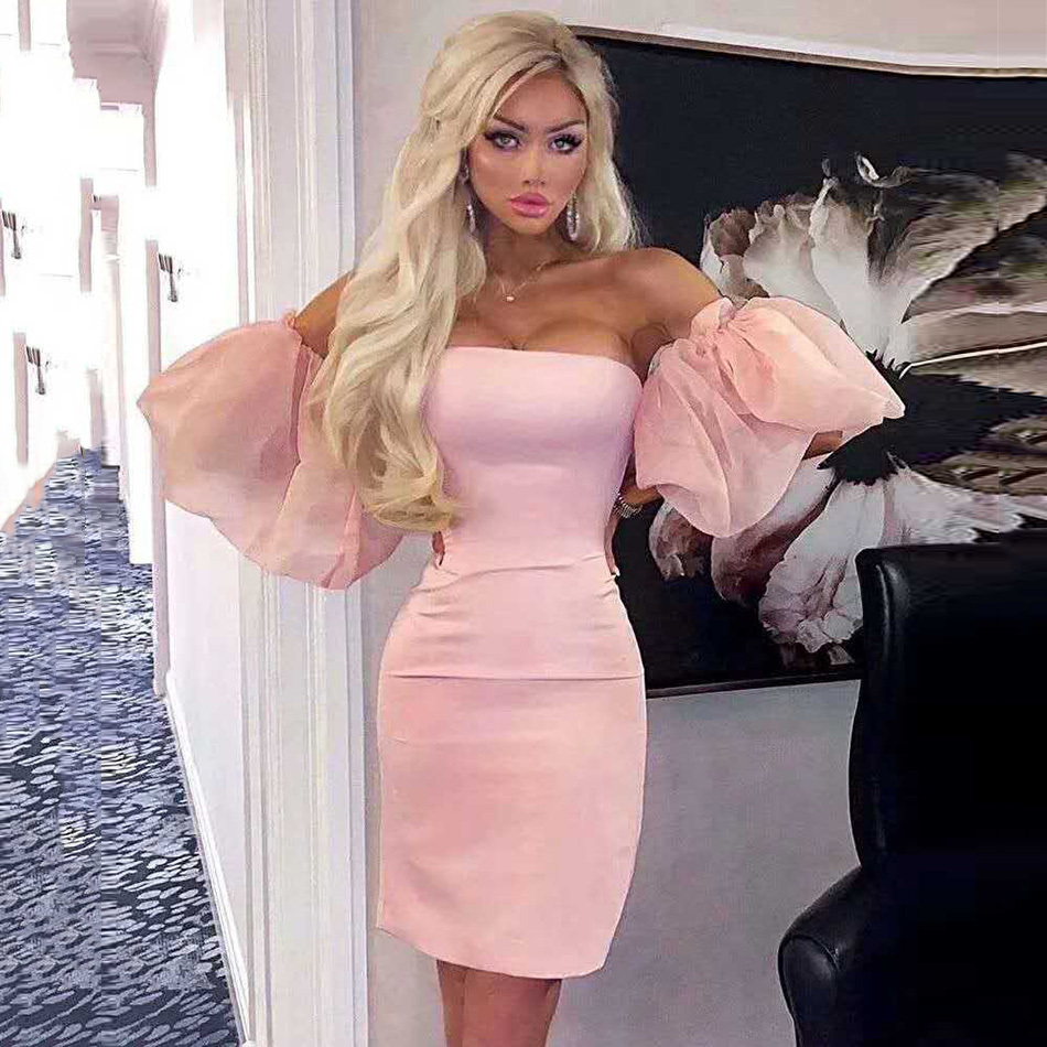 Autumn Women's Solid Color Puff Sleeve Mini Dress Sexy Strapless Tight Ladies Streetwear Costume 210525