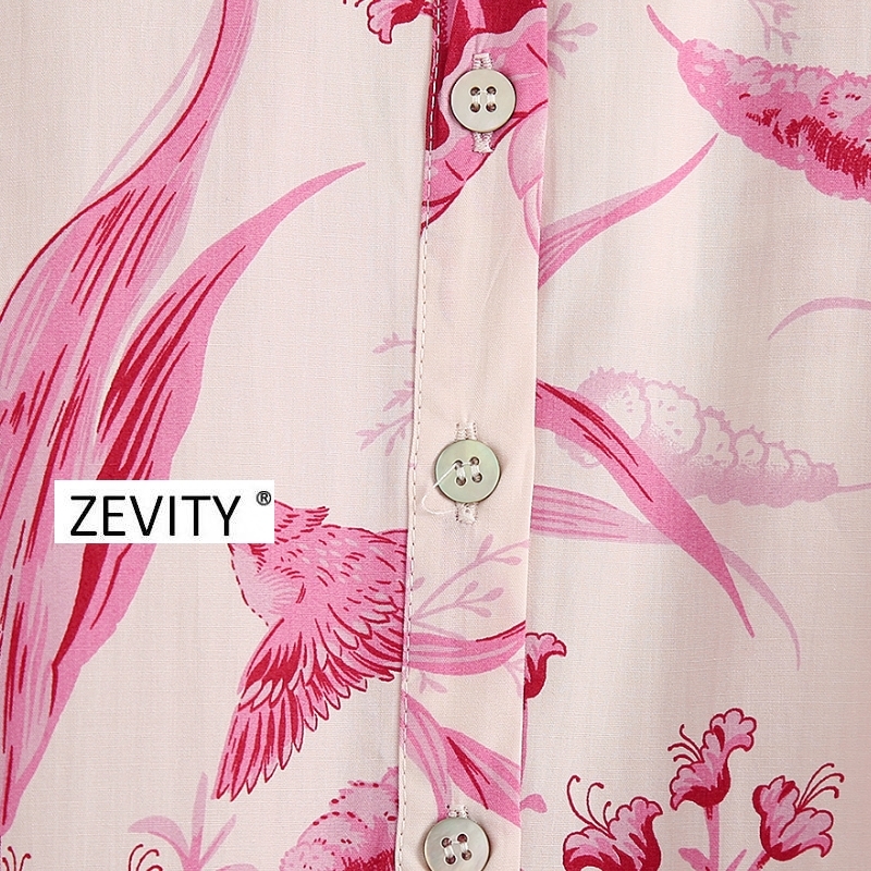 Zevity New women vintage birds flower print shirt dress office lady three quarter sleeve bow sashes vestidos chic dresses DS4152 210303