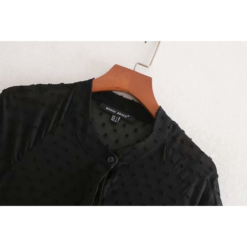 women's black chiffon dress half sleeve stand-collar long polka dot transparent see-through sexy party 210623