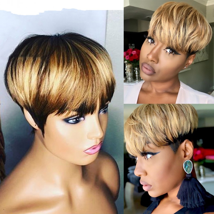 Natural Black Short Straight Hair Wig Peruvian Human Hair Wigs With Bang For Women ombre blonde 99J color pixie cut Wig